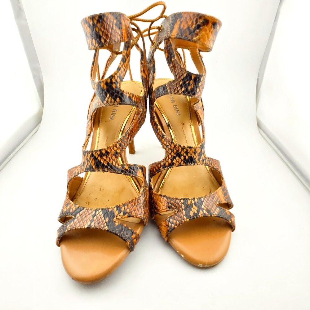 Gianni Bini Snake Print Lace-Up Heels | Size 6.5M | Caged Sandals Leather Upper